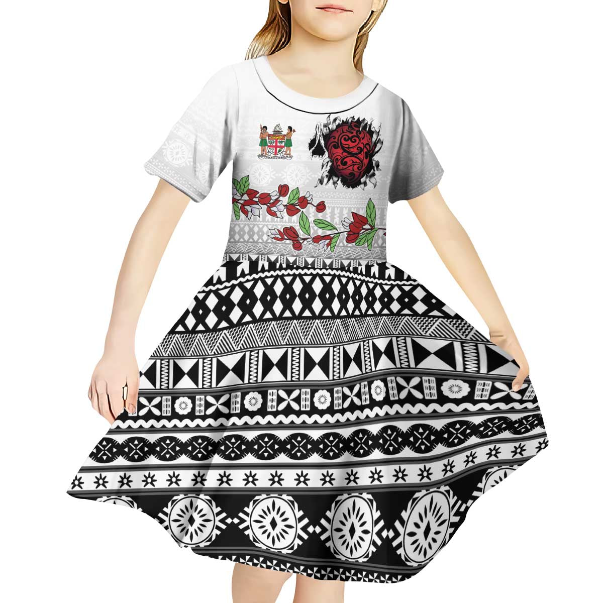 Fiji Heart Tribal Personalised Kid Short Sleeve Dress Polynesian Patterns LT9 - Polynesian Pride