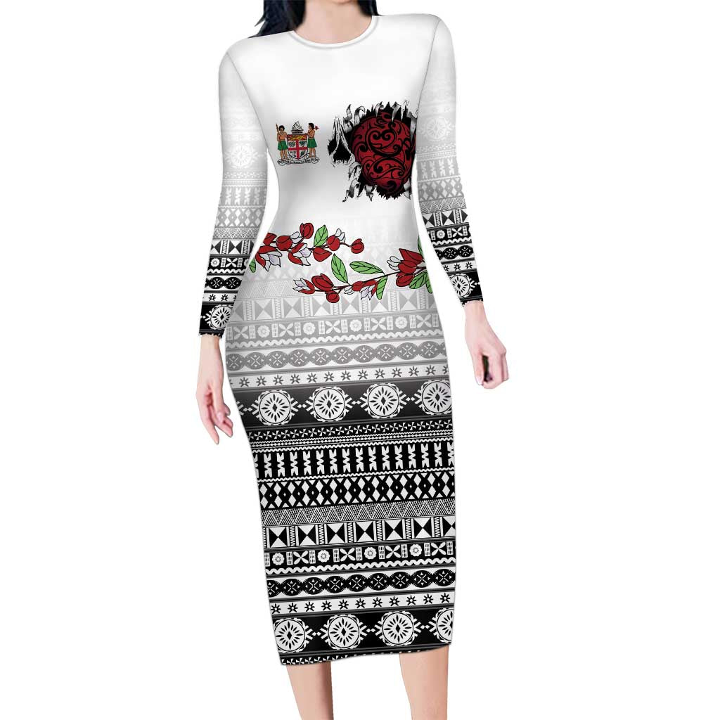Fiji Heart Tribal Personalised Long Sleeve Bodycon Dress Polynesian Patterns LT9 Long Dress White - Polynesian Pride