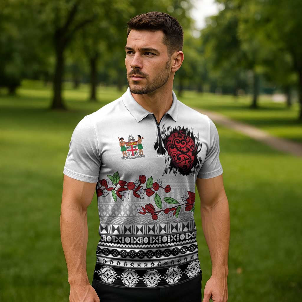 Fiji Heart Tribal Personalised Zipper Polo Shirt Polynesian Patterns