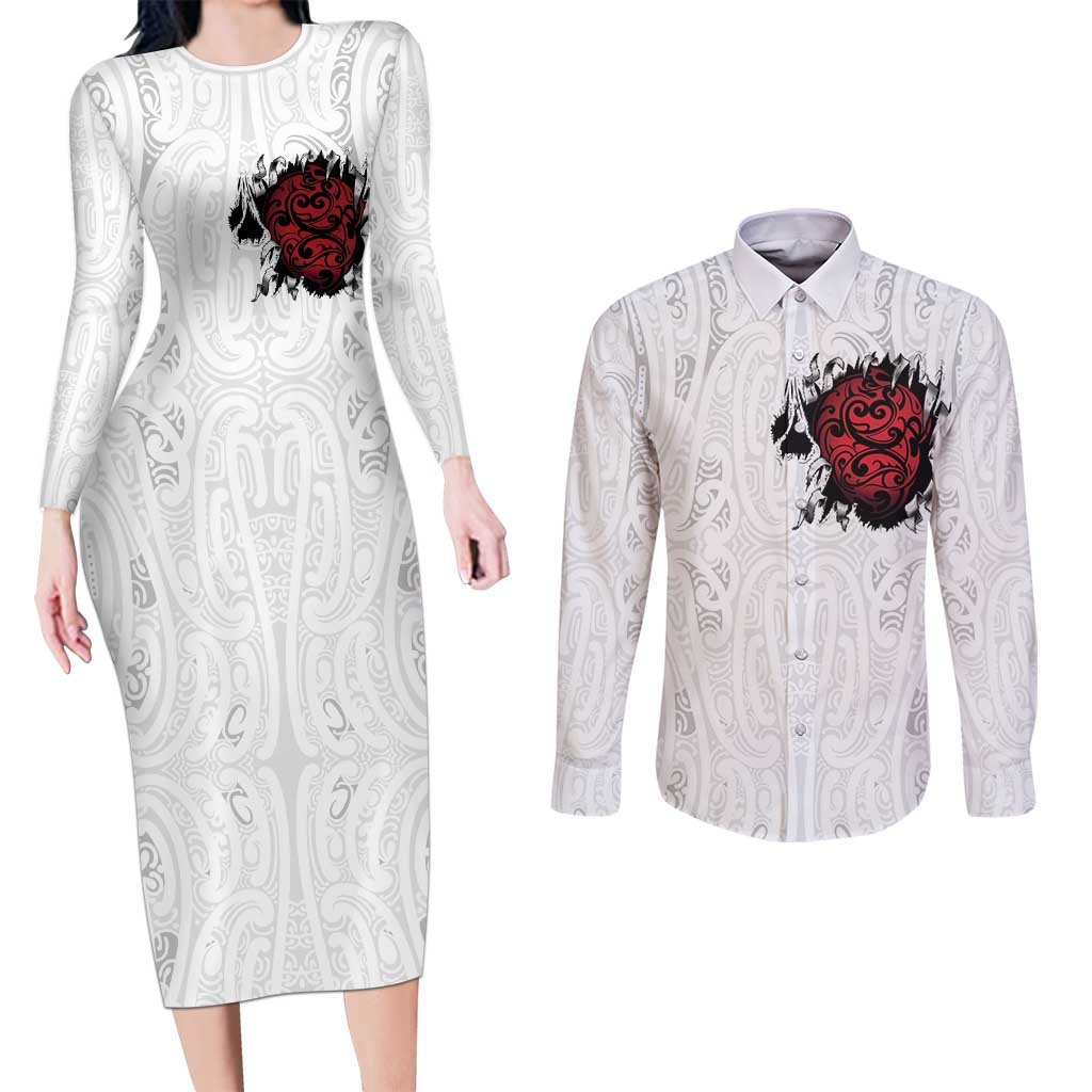 New Zealand Maori Heart Tribal Personalised Couples Matching Long Sleeve Bodycon Dress and Long Sleeve Button Shirt Polynesian Patterns LT9 White - Polynesian Pride