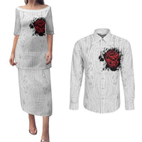 New Zealand Maori Heart Tribal Personalised Couples Matching Puletasi and Long Sleeve Button Shirt Polynesian Patterns LT9 White - Polynesian Pride