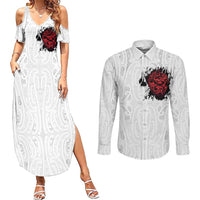 New Zealand Maori Heart Tribal Personalised Couples Matching Summer Maxi Dress and Long Sleeve Button Shirt Polynesian Patterns LT9 White - Polynesian Pride