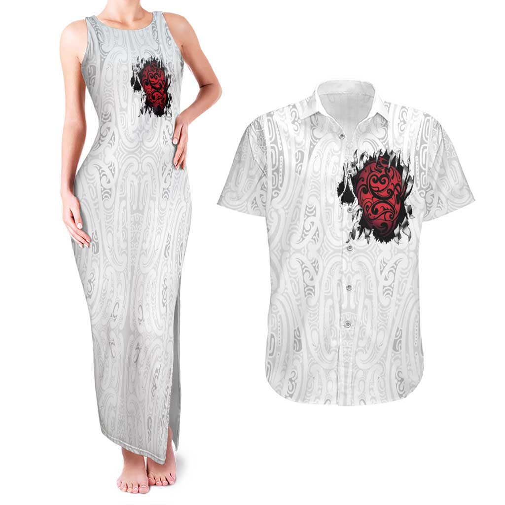 New Zealand Maori Heart Tribal Personalised Couples Matching Tank Maxi Dress and Hawaiian Shirt Polynesian Patterns LT9 White - Polynesian Pride