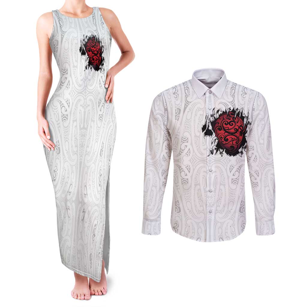 New Zealand Maori Heart Tribal Personalised Couples Matching Tank Maxi Dress and Long Sleeve Button Shirt Polynesian Patterns LT9 White - Polynesian Pride