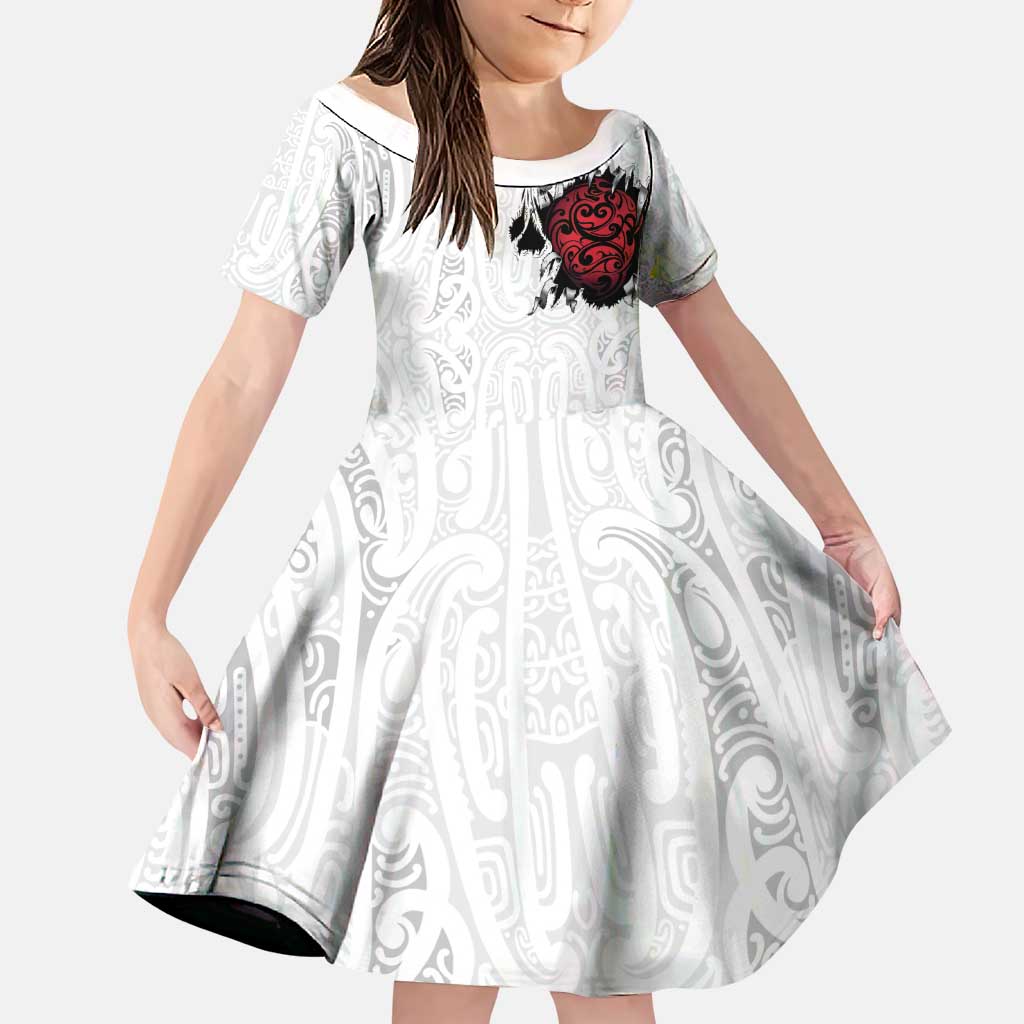 New Zealand Maori Heart Tribal Personalised Family Matching Off The Shoulder Long Sleeve Dress and Hawaiian Shirt Polynesian Patterns LT9 Daughter's Dress White - Polynesian Pride