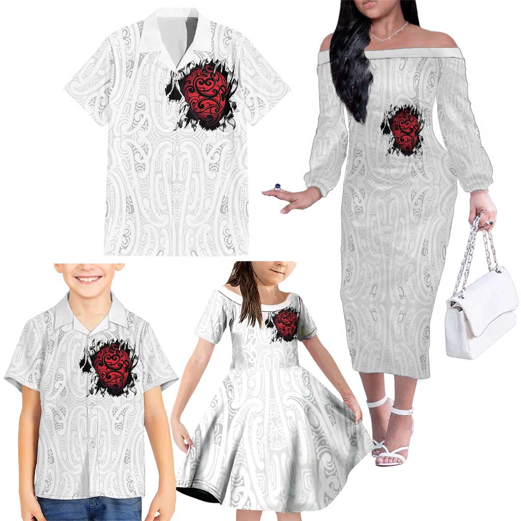 New Zealand Maori Heart Tribal Personalised Family Matching Off The Shoulder Long Sleeve Dress and Hawaiian Shirt Polynesian Patterns LT9 - Polynesian Pride