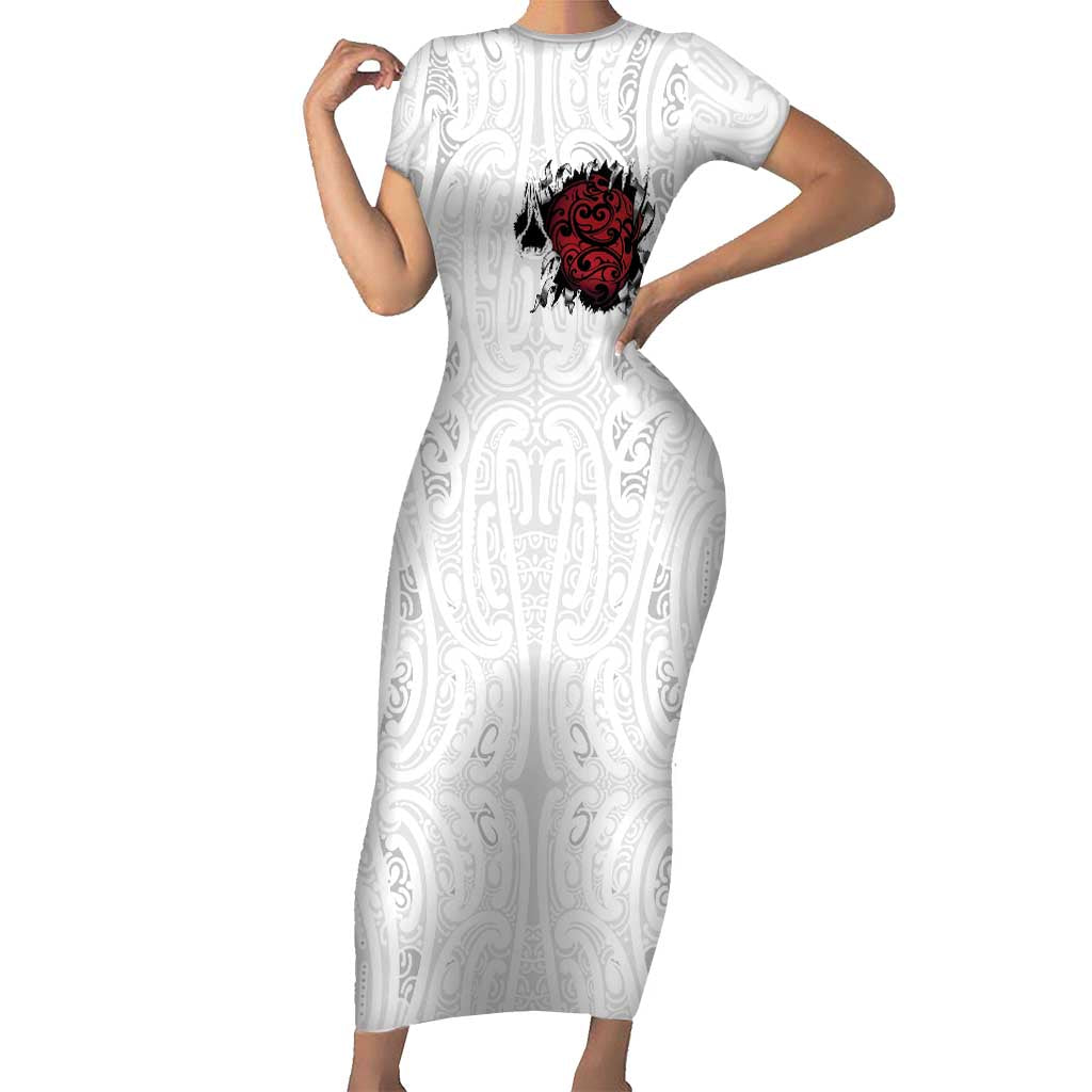 New Zealand Maori Heart Tribal Personalised Family Matching Short Sleeve Bodycon Dress and Hawaiian Shirt Polynesian Patterns LT9 Mom's Dress White - Polynesian Pride