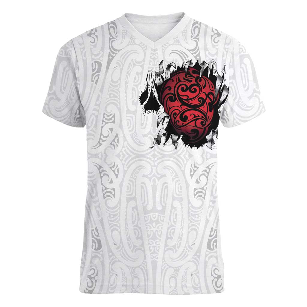 New Zealand Maori Heart Tribal Personalised Women V-Neck T-Shirt Polynesian Patterns LT9 Female White - Polynesian Pride