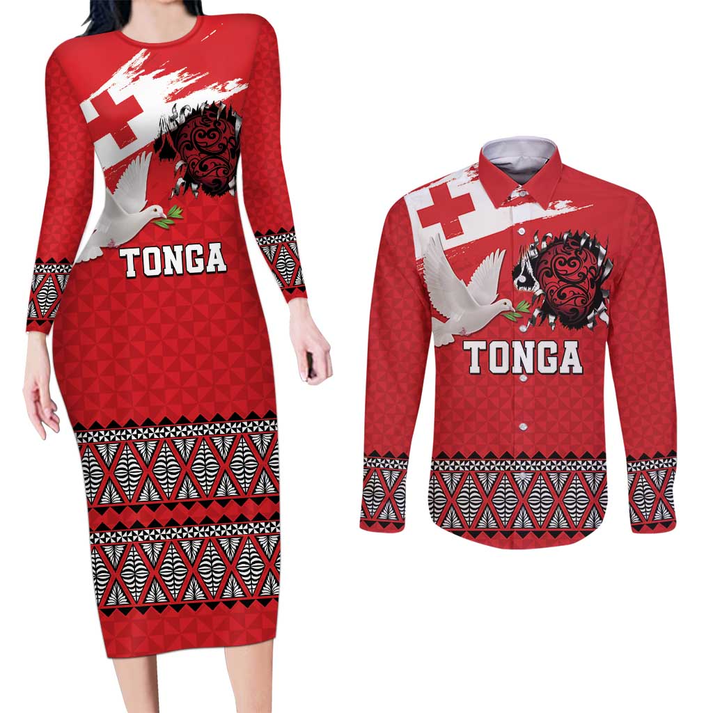 Tonga Heart Tribal Personalised Couples Matching Long Sleeve Bodycon Dress and Long Sleeve Button Shirt Polynesian Patterns