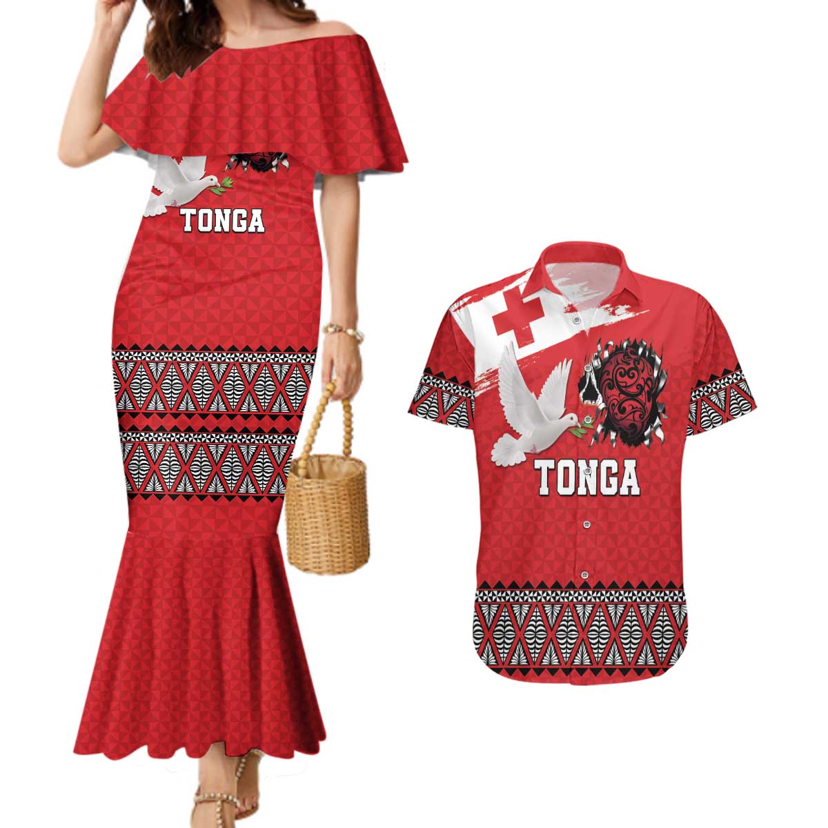 Tonga Heart Tribal Personalised Couples Matching Mermaid Dress and Hawaiian Shirt Polynesian Patterns LT9 Red - Polynesian Pride