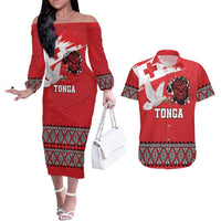 Tonga Heart Tribal Personalised Couples Matching Off The Shoulder Long Sleeve Dress and Hawaiian Shirt Polynesian Patterns