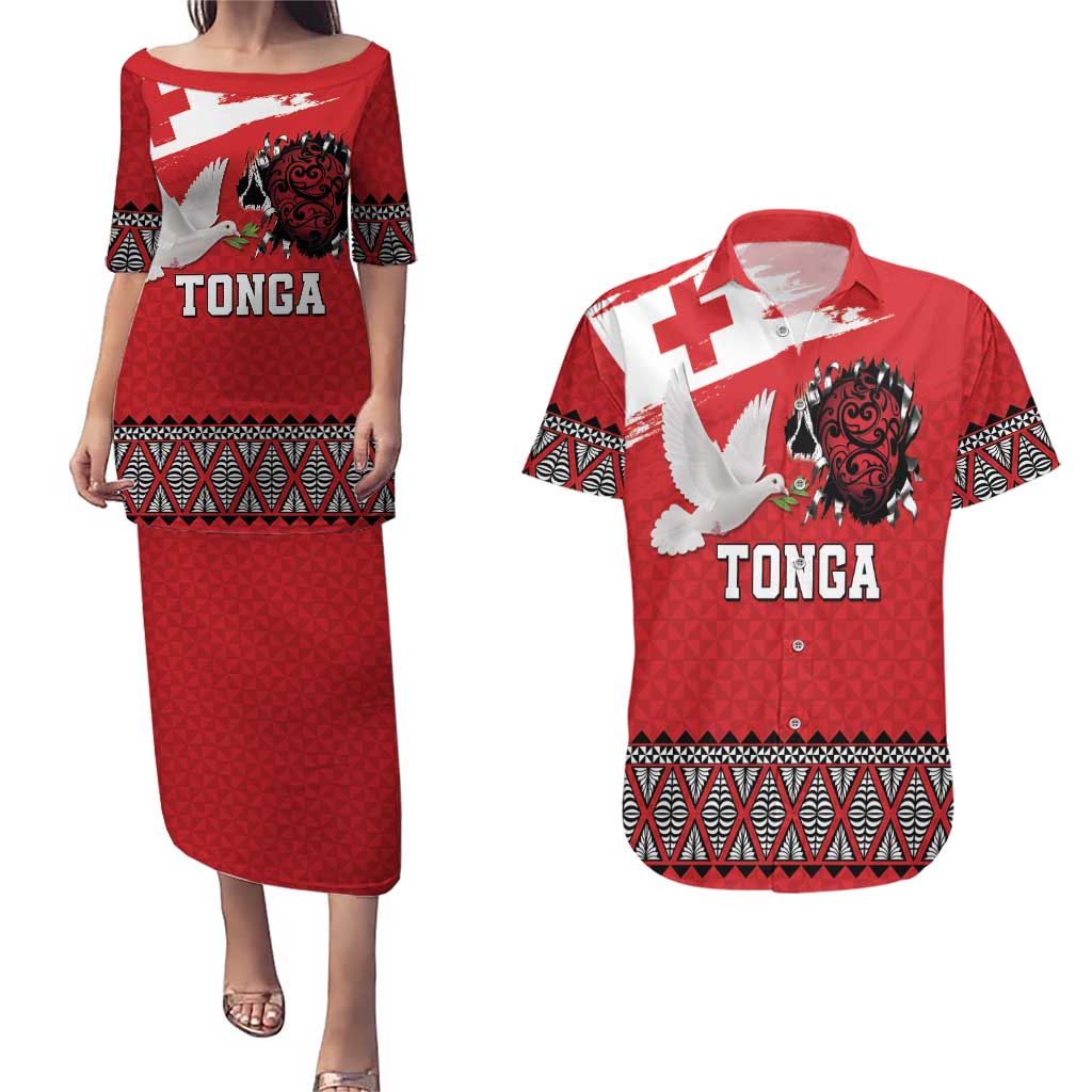Tonga Heart Tribal Personalised Couples Matching Puletasi and Hawaiian Shirt Polynesian Patterns
