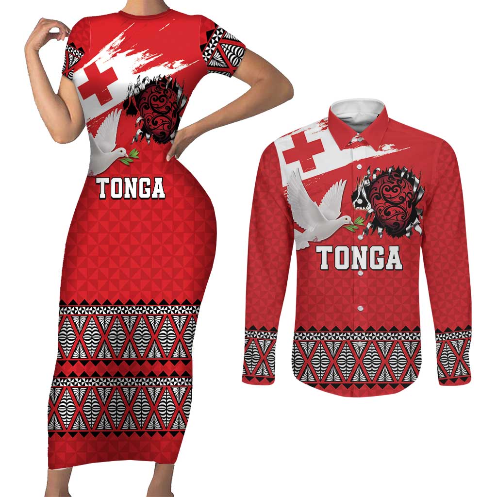 Tonga Heart Tribal Personalised Couples Matching Short Sleeve Bodycon Dress and Long Sleeve Button Shirt Polynesian Patterns
