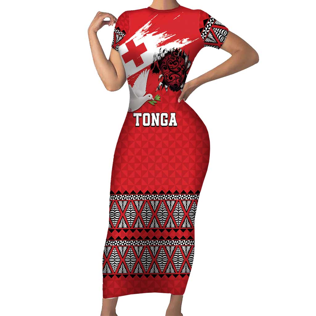 Tonga Heart Tribal Personalised Short Sleeve Bodycon Dress Polynesian Patterns LT9 Long Dress Red - Polynesian Pride