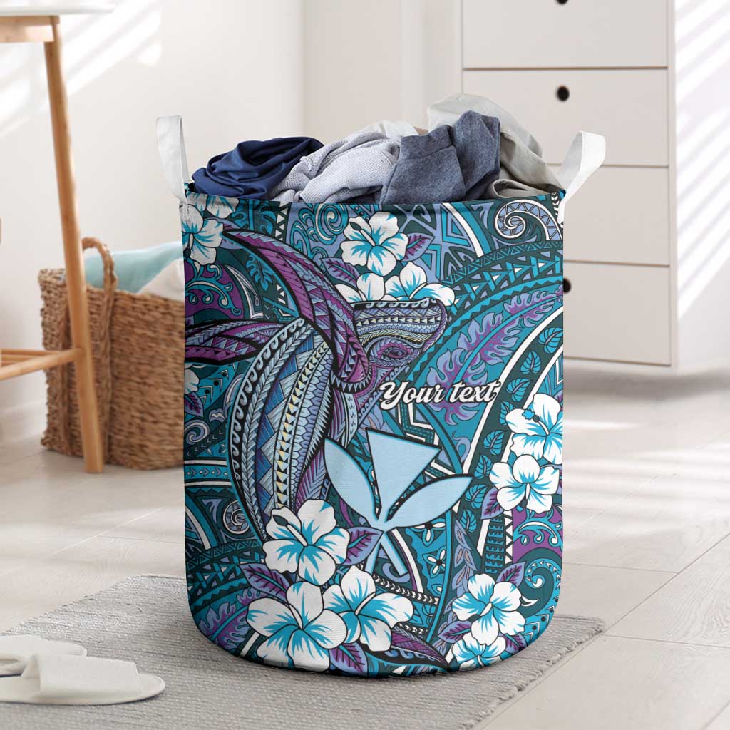 Personalised Hawaii Tribal Humpback Whale Laundry Basket Polu Hibiscus Seamless Pattern
