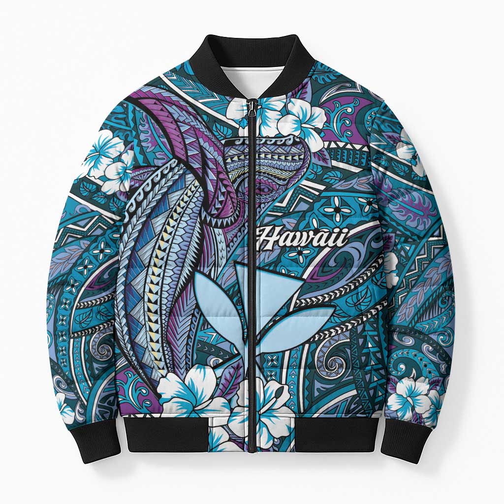 Personalised Hawaii Tribal Humpback Whale Bomber Puffer Jacket Polu Hibiscus Seamless Pattern
