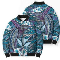 Personalised Hawaii Tribal Humpback Whale Bomber Puffer Jacket Polu Hibiscus Seamless Pattern