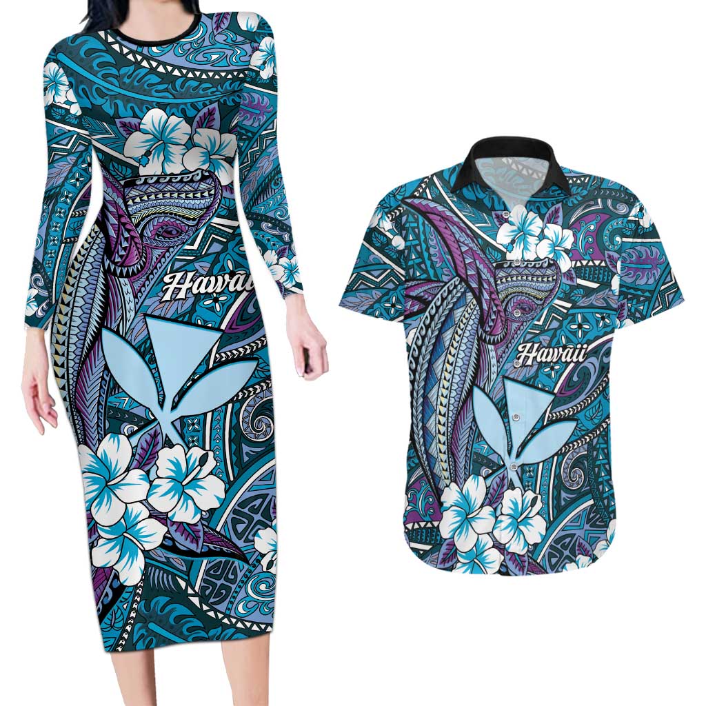 Personalised Hawaii Tribal Humpback Whale Couples Matching Long Sleeve Bodycon Dress and Hawaiian Shirt Polu Hibiscus Seamless Pattern LT9 Blue - Polynesian Pride