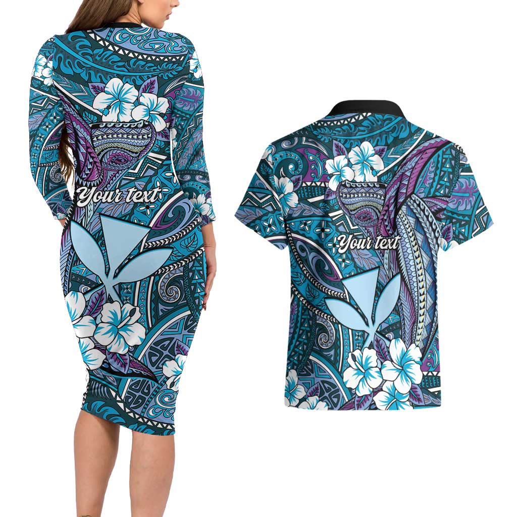Personalised Hawaii Tribal Humpback Whale Couples Matching Long Sleeve Bodycon Dress and Hawaiian Shirt Polu Hibiscus Seamless Pattern LT9 - Polynesian Pride