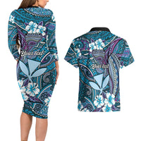Personalised Hawaii Tribal Humpback Whale Couples Matching Long Sleeve Bodycon Dress and Hawaiian Shirt Polu Hibiscus Seamless Pattern LT9 - Polynesian Pride