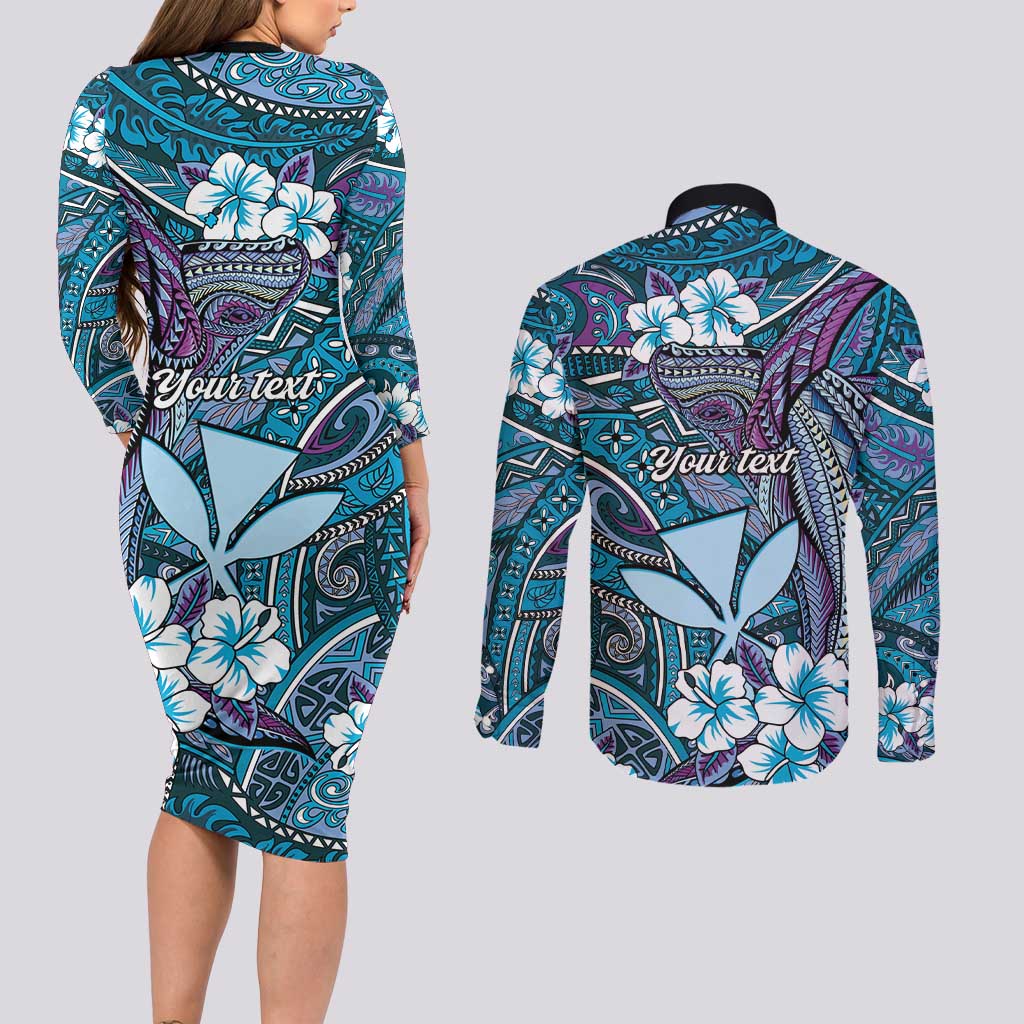 Personalised Hawaii Tribal Humpback Whale Couples Matching Long Sleeve Bodycon Dress and Long Sleeve Button Shirt Polu Hibiscus Seamless Pattern LT9 - Polynesian Pride