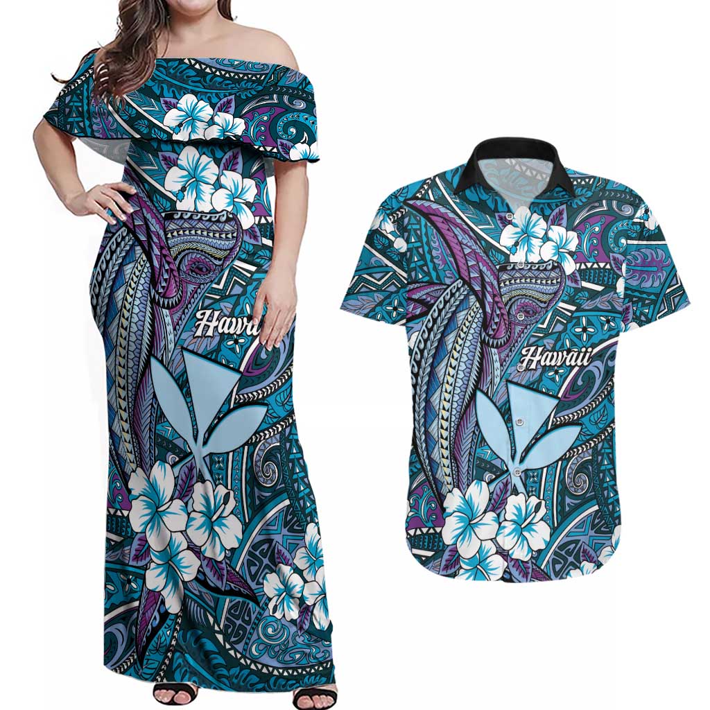 Personalised Hawaii Tribal Humpback Whale Couples Matching Off Shoulder Maxi Dress and Hawaiian Shirt Polu Hibiscus Seamless Pattern LT9 Blue - Polynesian Pride