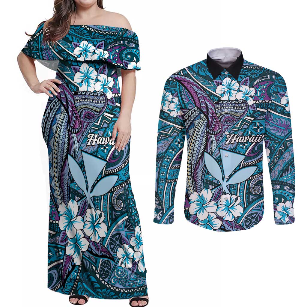 Personalised Hawaii Tribal Humpback Whale Couples Matching Off Shoulder Maxi Dress and Long Sleeve Button Shirt Polu Hibiscus Seamless Pattern