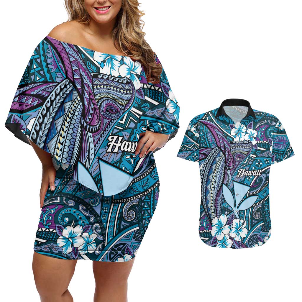 Personalised Hawaii Tribal Humpback Whale Couples Matching Off Shoulder Short Dress and Hawaiian Shirt Polu Hibiscus Seamless Pattern LT9 Blue - Polynesian Pride