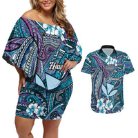 Personalised Hawaii Tribal Humpback Whale Couples Matching Off Shoulder Short Dress and Hawaiian Shirt Polu Hibiscus Seamless Pattern LT9 Blue - Polynesian Pride