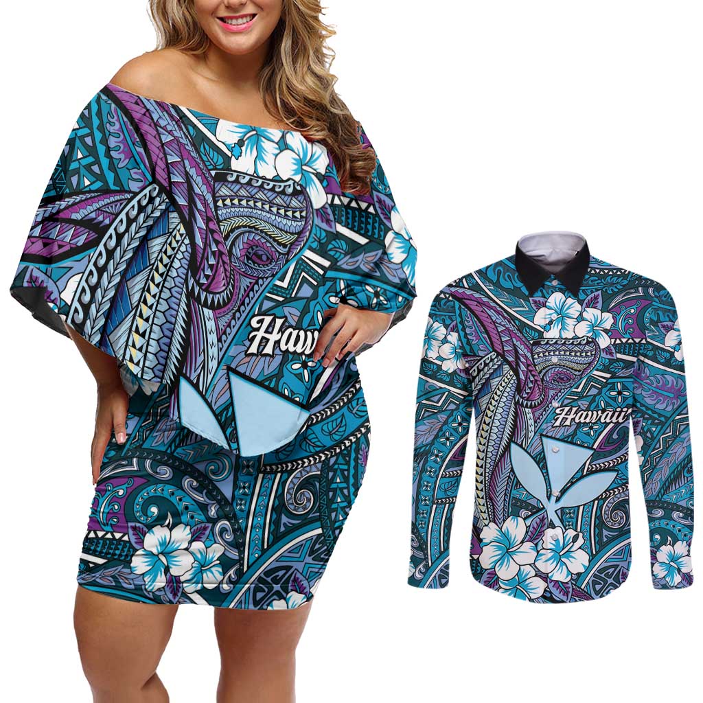 Personalised Hawaii Tribal Humpback Whale Couples Matching Off Shoulder Short Dress and Long Sleeve Button Shirt Polu Hibiscus Seamless Pattern