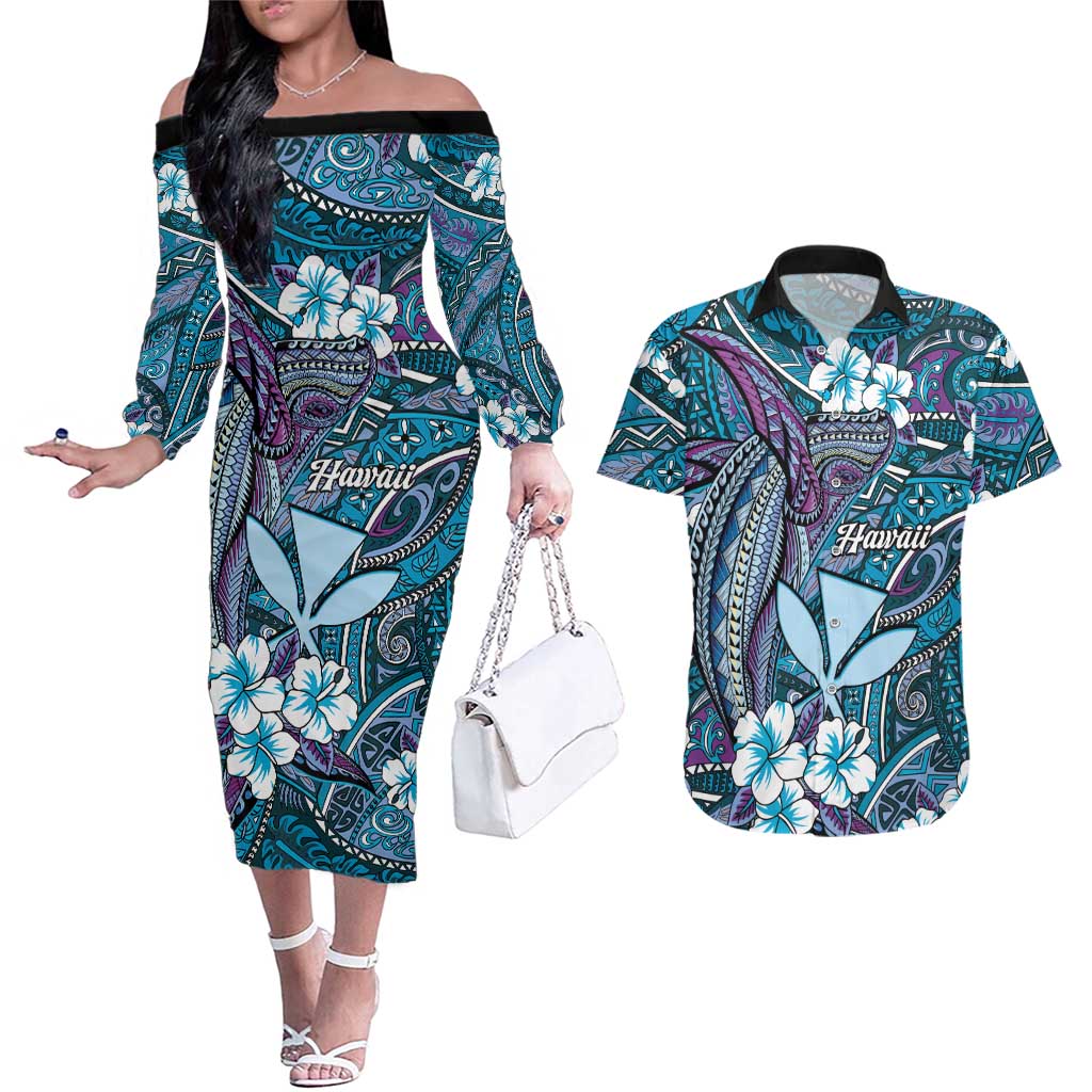 Personalised Hawaii Tribal Humpback Whale Couples Matching Off The Shoulder Long Sleeve Dress and Hawaiian Shirt Polu Hibiscus Seamless Pattern LT9 Blue - Polynesian Pride