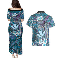 Personalised Hawaii Tribal Humpback Whale Couples Matching Puletasi and Hawaiian Shirt Polu Hibiscus Seamless Pattern