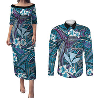 Personalised Hawaii Tribal Humpback Whale Couples Matching Puletasi and Long Sleeve Button Shirt Polu Hibiscus Seamless Pattern