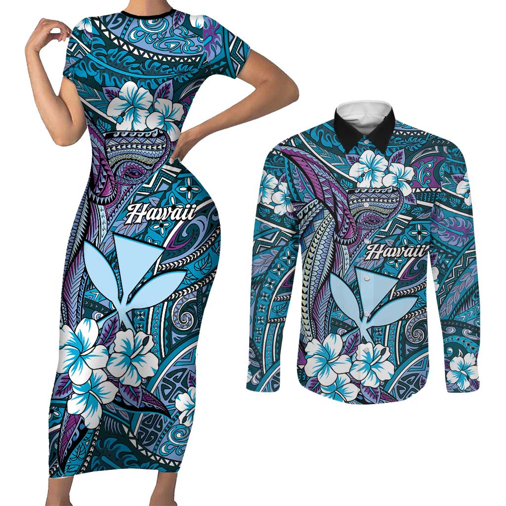 Personalised Hawaii Tribal Humpback Whale Couples Matching Short Sleeve Bodycon Dress and Long Sleeve Button Shirt Polu Hibiscus Seamless Pattern LT9 Blue - Polynesian Pride