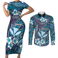 Personalised Hawaii Tribal Humpback Whale Couples Matching Short Sleeve Bodycon Dress and Long Sleeve Button Shirt Polu Hibiscus Seamless Pattern LT9 Blue - Polynesian Pride