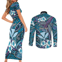 Personalised Hawaii Tribal Humpback Whale Couples Matching Short Sleeve Bodycon Dress and Long Sleeve Button Shirt Polu Hibiscus Seamless Pattern LT9 - Polynesian Pride