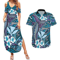 Personalised Hawaii Tribal Humpback Whale Couples Matching Summer Maxi Dress and Hawaiian Shirt Polu Hibiscus Seamless Pattern LT9 Blue - Polynesian Pride