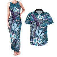 Personalised Hawaii Tribal Humpback Whale Couples Matching Tank Maxi Dress and Hawaiian Shirt Polu Hibiscus Seamless Pattern LT9 Blue - Polynesian Pride