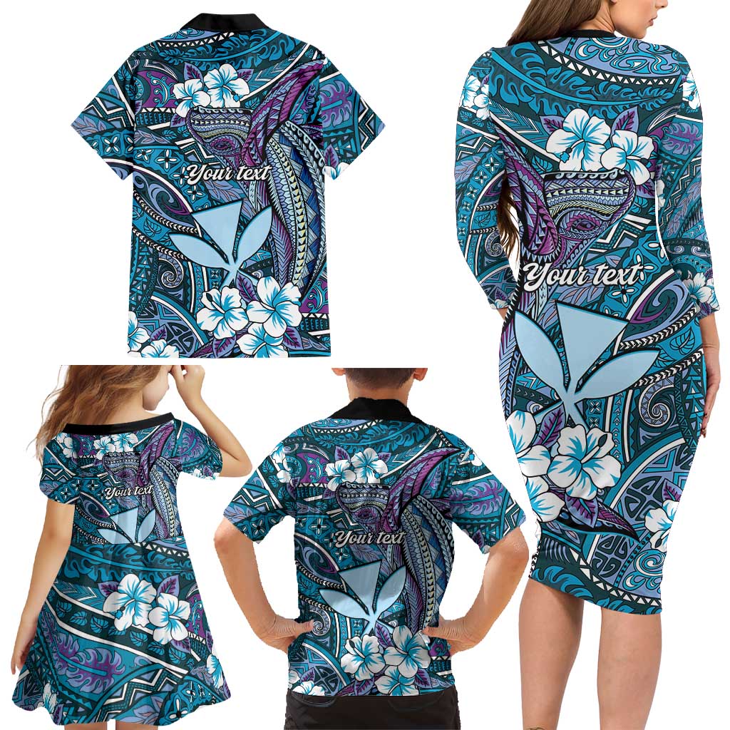 Personalised Hawaii Tribal Humpback Whale Family Matching Long Sleeve Bodycon Dress and Hawaiian Shirt Polu Hibiscus Seamless Pattern LT9 - Polynesian Pride