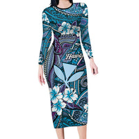 Personalised Hawaii Tribal Humpback Whale Family Matching Long Sleeve Bodycon Dress and Hawaiian Shirt Polu Hibiscus Seamless Pattern LT9 Mom's Dress Blue - Polynesian Pride