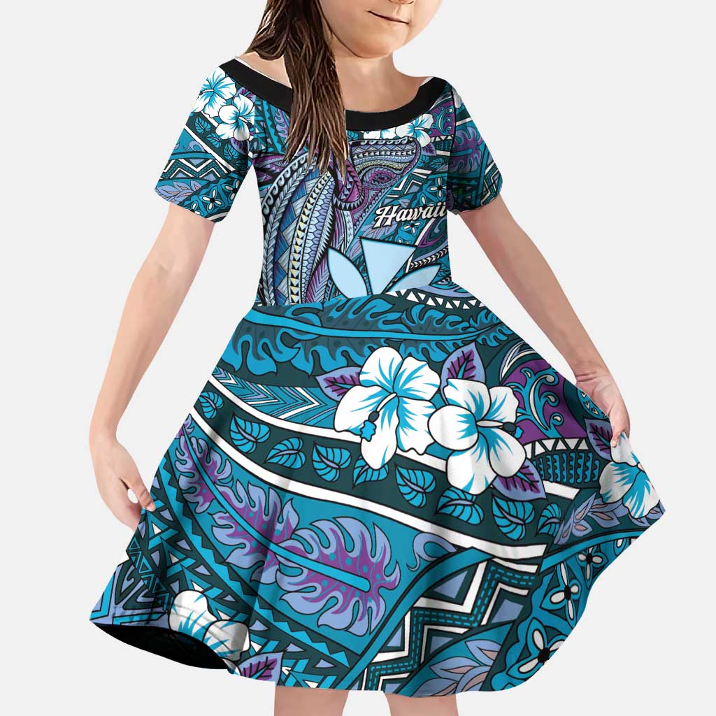Personalised Hawaii Tribal Humpback Whale Family Matching Mermaid Dress and Hawaiian Shirt Polu Hibiscus Seamless Pattern LT9 Daughter's Dress Blue - Polynesian Pride