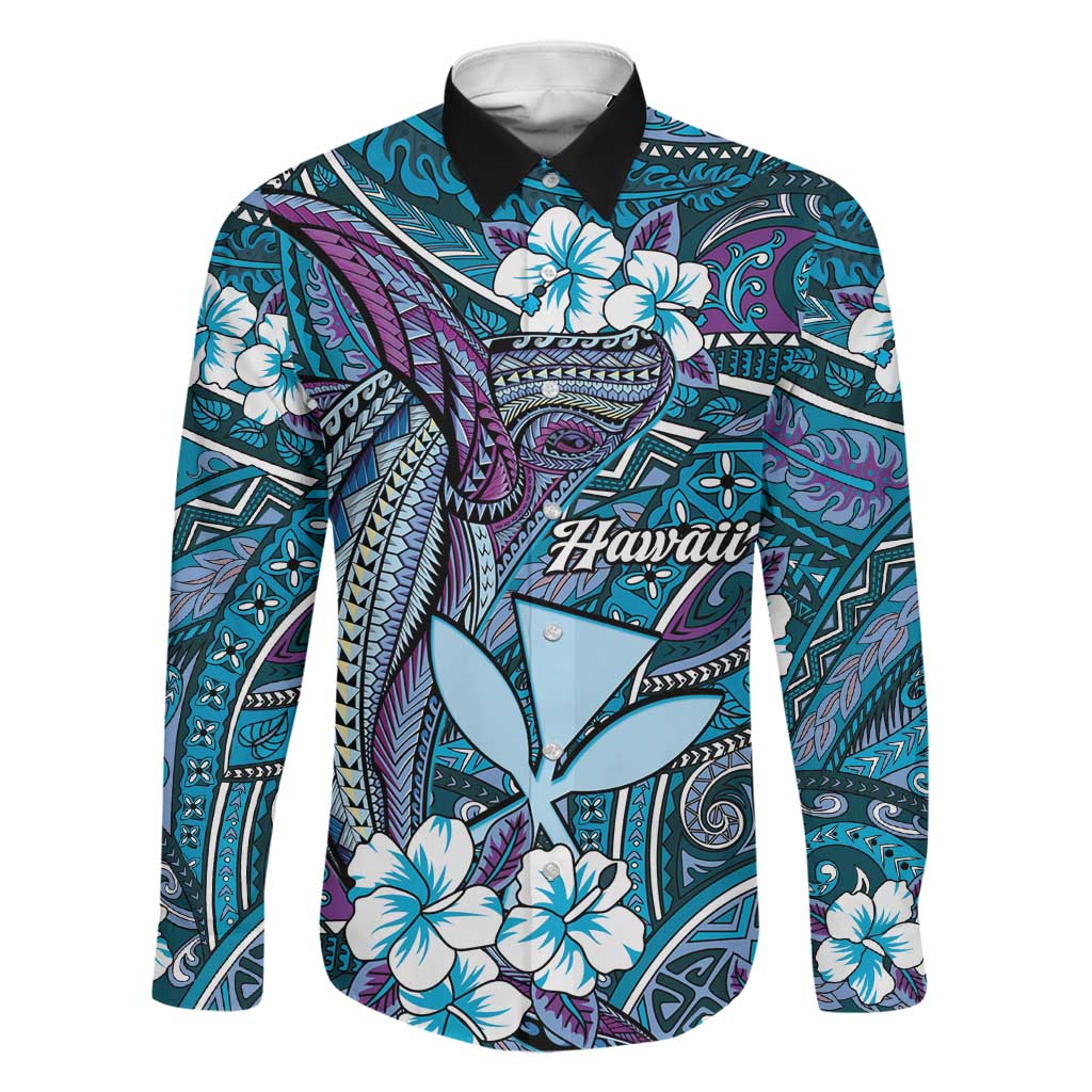 Personalised Hawaii Tribal Humpback Whale Family Matching Mermaid Dress and Hawaiian Shirt Polu Hibiscus Seamless Pattern LT9 Dad's Shirt - Long Sleeve Blue - Polynesian Pride