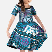 Personalised Hawaii Tribal Humpback Whale Family Matching Off The Shoulder Long Sleeve Dress and Hawaiian Shirt Polu Hibiscus Seamless Pattern LT9 Daughter's Dress Blue - Polynesian Pride