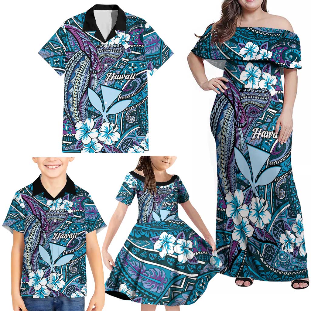 Personalised Hawaii Tribal Humpback Whale Family Matching Off Shoulder Maxi Dress and Hawaiian Shirt Polu Hibiscus Seamless Pattern LT9 - Polynesian Pride