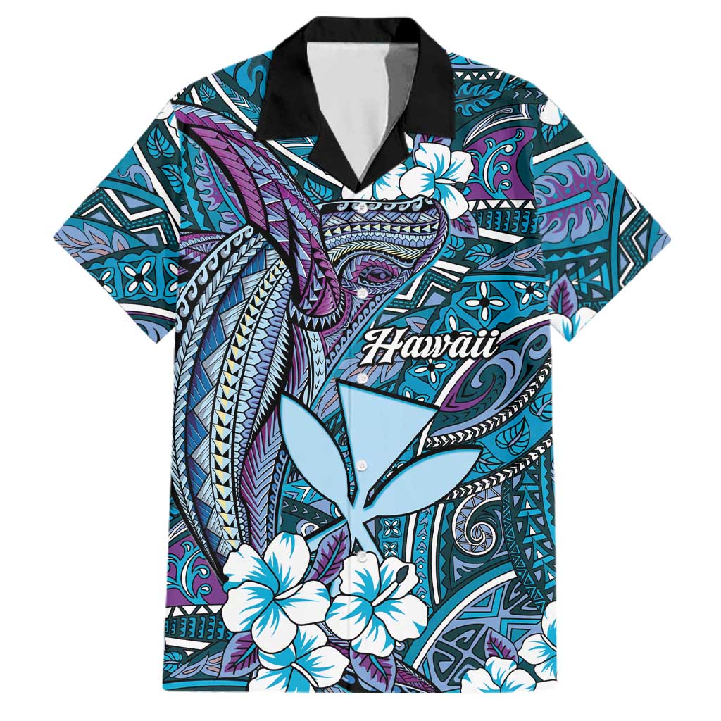 Personalised Hawaii Tribal Humpback Whale Family Matching Off Shoulder Maxi Dress and Hawaiian Shirt Polu Hibiscus Seamless Pattern LT9 Dad's Shirt - Short Sleeve Blue - Polynesian Pride