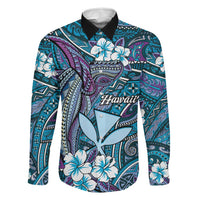 Personalised Hawaii Tribal Humpback Whale Family Matching Off Shoulder Maxi Dress and Hawaiian Shirt Polu Hibiscus Seamless Pattern LT9 Dad's Shirt - Long Sleeve Blue - Polynesian Pride