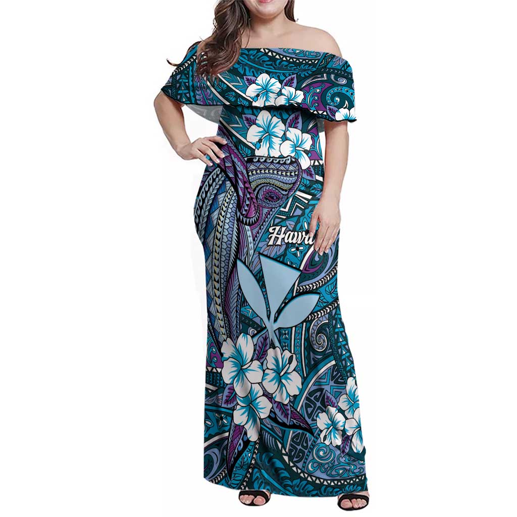 Personalised Hawaii Tribal Humpback Whale Family Matching Off Shoulder Maxi Dress and Hawaiian Shirt Polu Hibiscus Seamless Pattern LT9 Mom's Dress Blue - Polynesian Pride