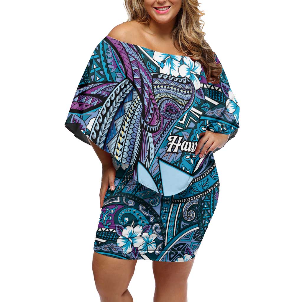 Personalised Hawaii Tribal Humpback Whale Family Matching Off Shoulder Short Dress and Hawaiian Shirt Polu Hibiscus Seamless Pattern LT9 Mom's Dress Blue - Polynesian Pride