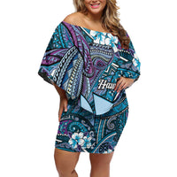 Personalised Hawaii Tribal Humpback Whale Family Matching Off Shoulder Short Dress and Hawaiian Shirt Polu Hibiscus Seamless Pattern LT9 Mom's Dress Blue - Polynesian Pride