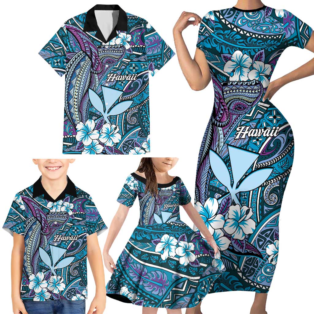 Personalised Hawaii Tribal Humpback Whale Family Matching Short Sleeve Bodycon Dress and Hawaiian Shirt Polu Hibiscus Seamless Pattern LT9 - Polynesian Pride